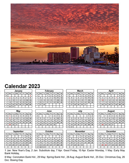 Year Calendar 2023 - View towards Sunset Beach from Playa Bil-Bil, Benalmádena Calendar